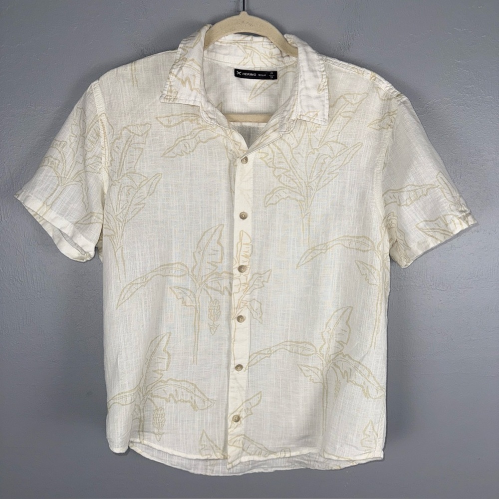 Hering Linen Blend Palm Print Button Down Shirt Men’s Small Hawaiian Lightweight